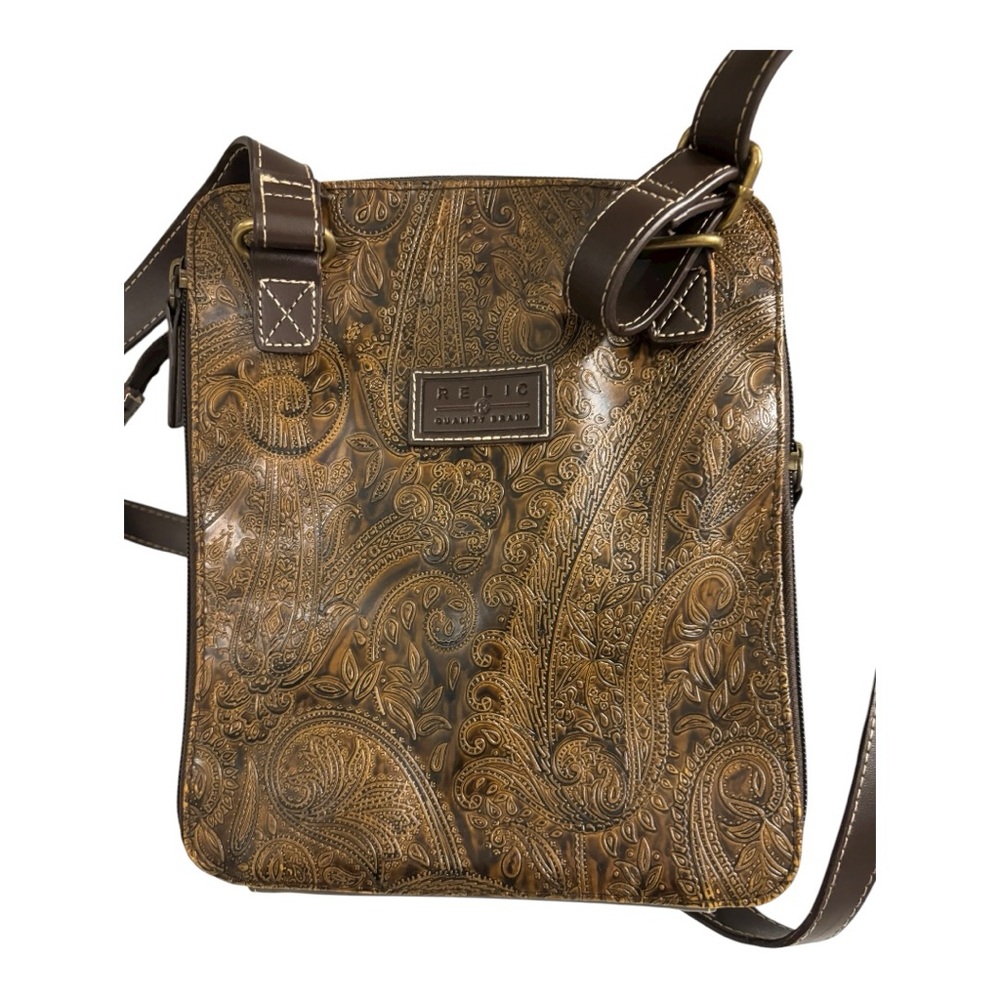 Relic by Fossil embossed paisley earthy rustic crossbody bohemian hobo bag. - Picture 2 of 9